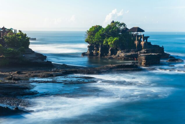 Pura Tanah Lot in the morning, famous ocean temple in Bali, Indonesia.